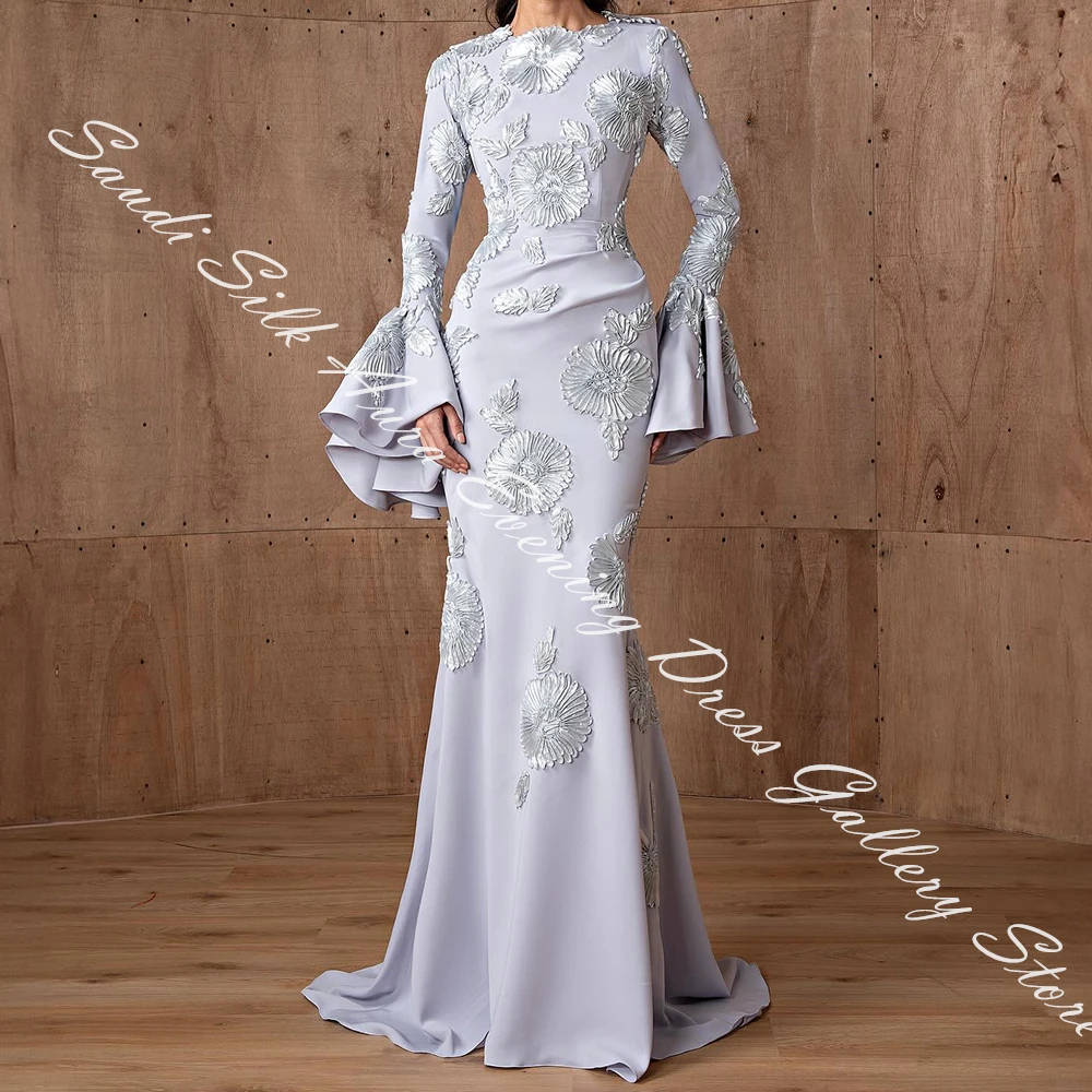 맞춤형 절묘한 저지, 인어 아플리케, 이브닝 원피스, O-넥 플레어 슬리브, 긴 소매, 스윕 트레인