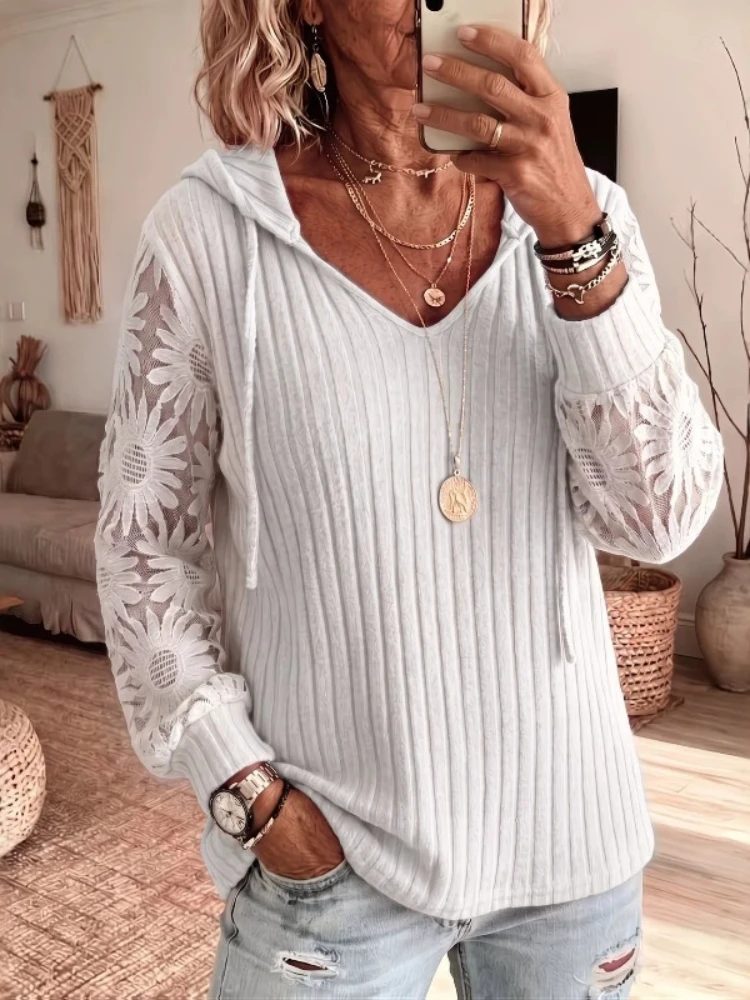 Women' Autumn Sweater Hooded Lace Knit Solid Color Casual Hollow Long Sleeved Top Comfortable Temperament Fashionable Sweatshirt