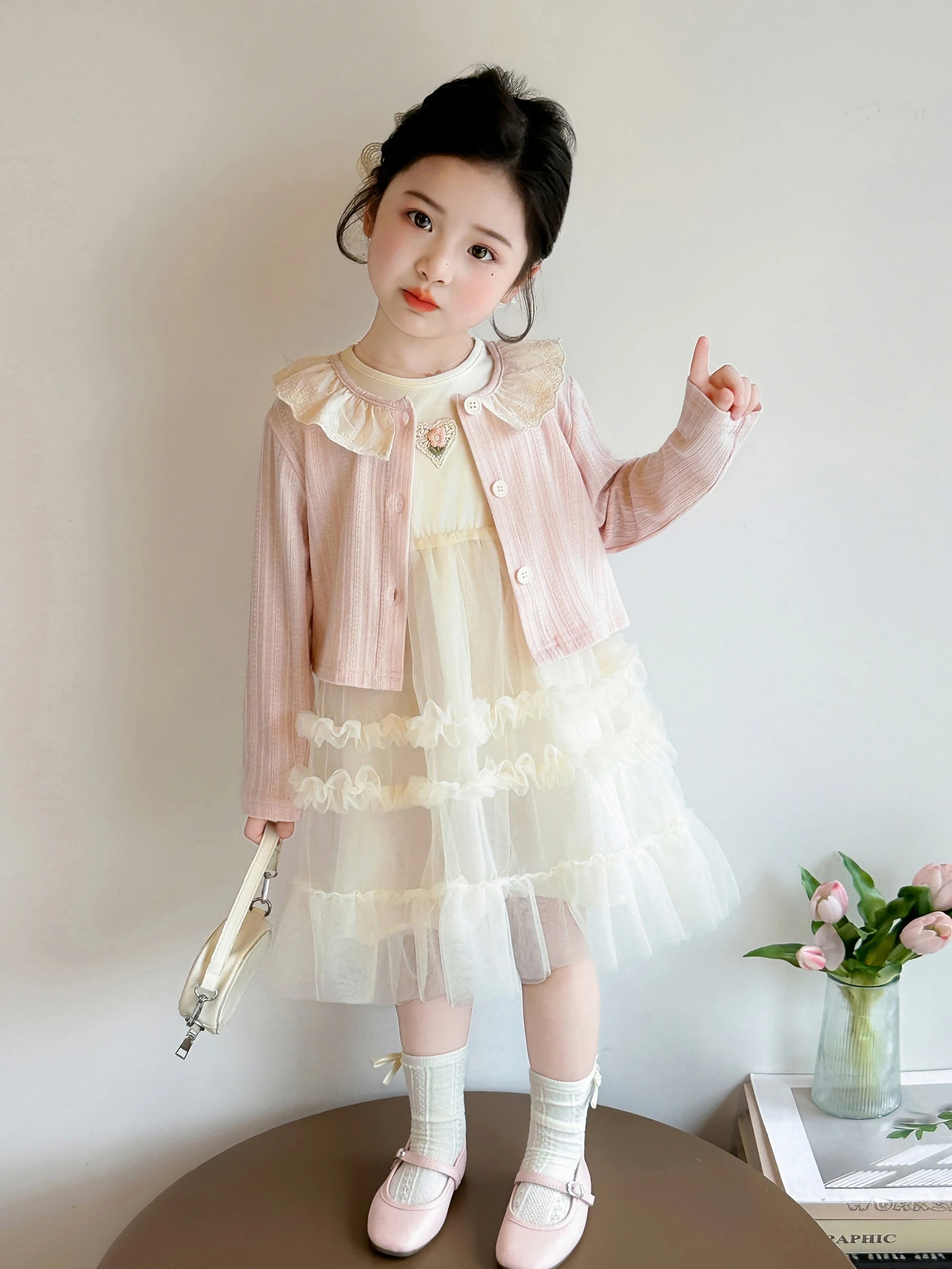 Conjunto de Jaqueta e Saia de Tricô para Meninas, Novo Estilo Primavera-Outono, Vestido Princesa Infantil, Roupas de Verão, Colete e Saia para Criança