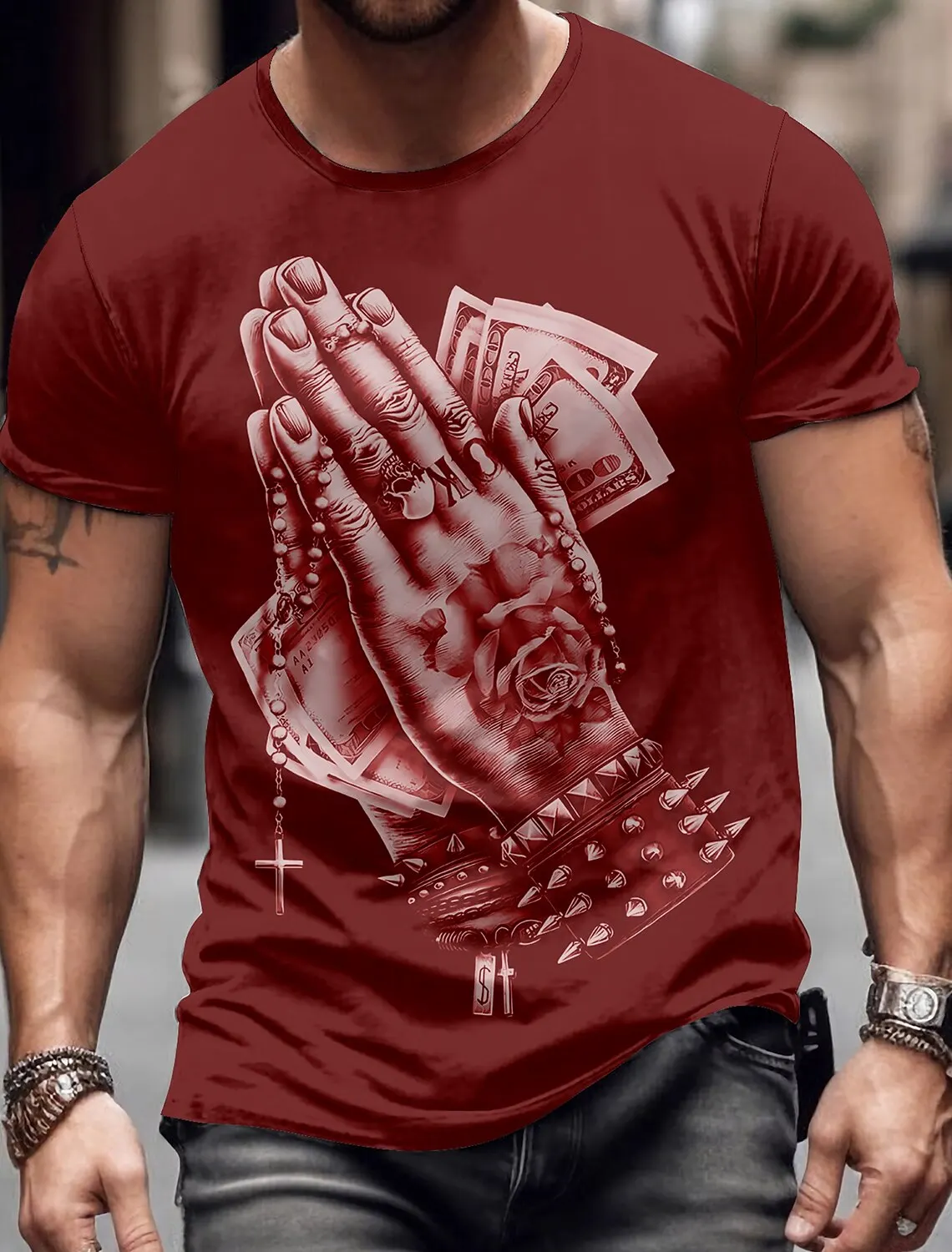 2024 Graphic Cross Money Casual Men's 3D Print Casual Holiday T shirt Black Burgundy Green Short Sleeve Crew Neck T-Shirts