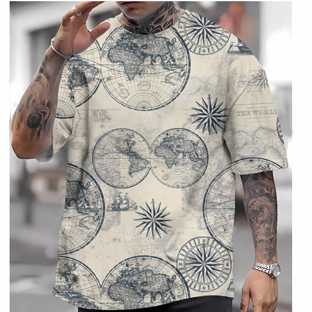 Men\'s Vintage Nautical Map Compass Print T-Shirt Summer Daily Loose Short Sleeve Male Tops Casual Tees Unisex Clothing Apparel