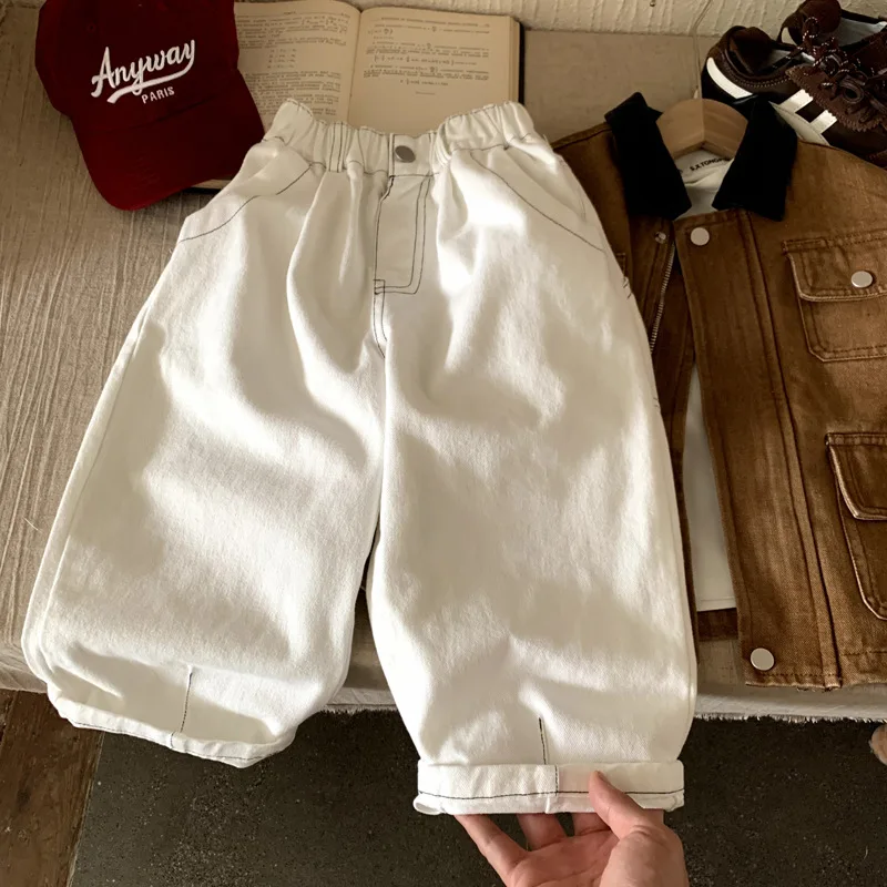 

Boys Pant 2025 Autumn Spring Versatile Casual Stylish Straight-Leg White Solid Color Trousers Trendy Long Pants