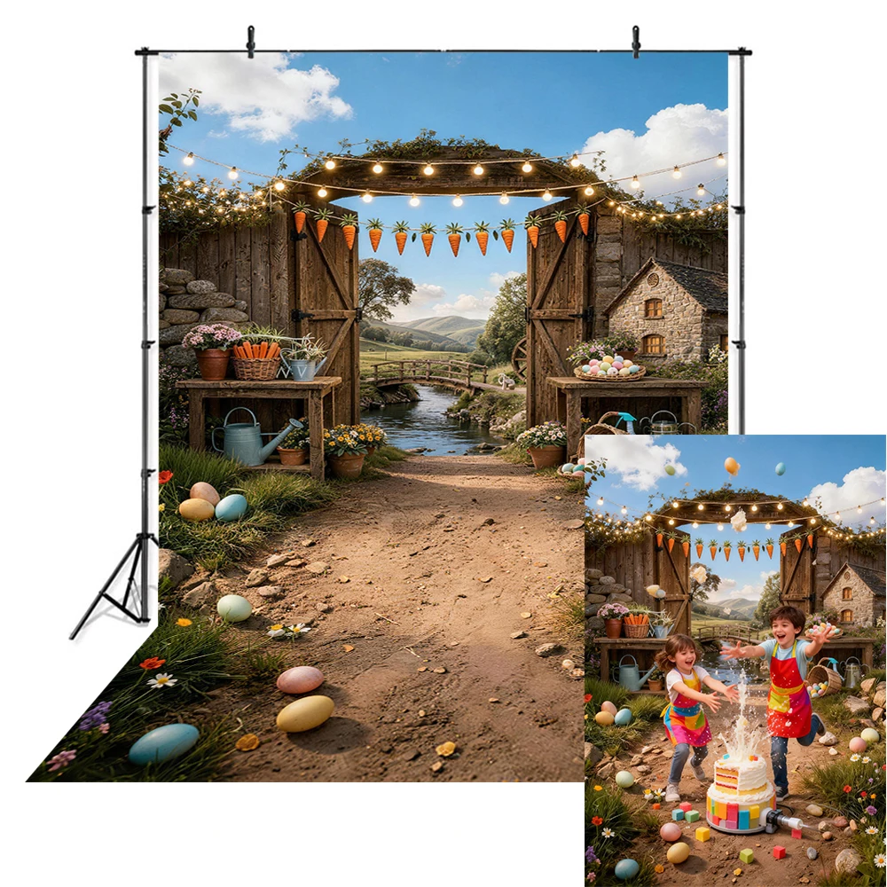 

Easter Backdrops Rustic Wooden Gate With Carrot Bunting And String Lights Scattered Colorful Eggs Stone Cottage Backgrounds