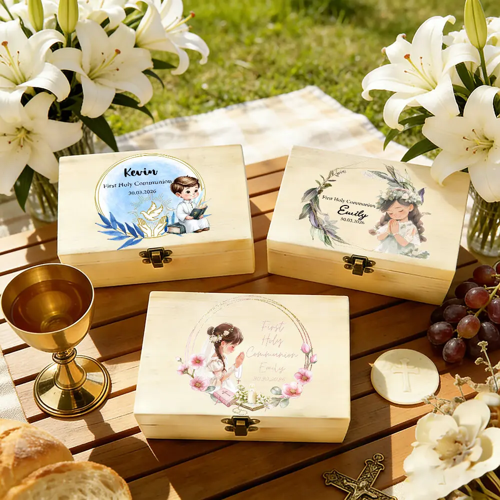 Personalized Eucharist Series Theme Commemorative Wooden Storage Box, Customized Name and Date Storage Box, Suitable for Storing