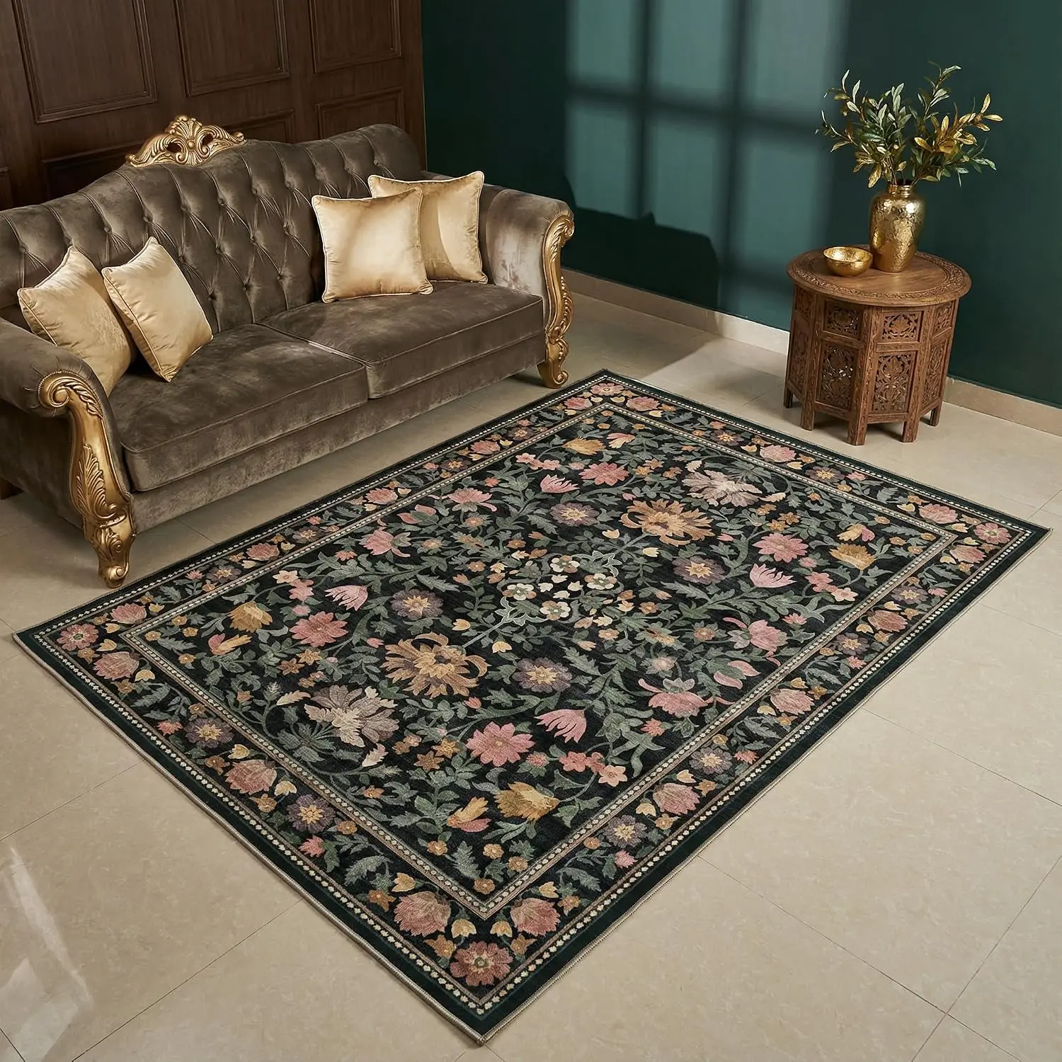 Charcoal Green Distressed Retro Blossom Rug Washable Non Slip for Living Room Bedroom Dining Room Home Decor Carpet Floor Mat