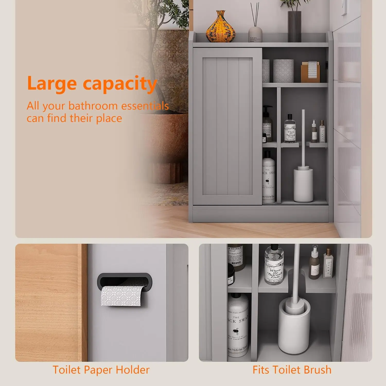 خزانة حمام رفيعة موفرة للمساحة، أبواب منزلقة - أرفف قابلة للتعديل، حامل ورق المرحاض، مقصورة فرشاة 31.5 بوصة × 23.6 بوصة × 7.9 بوصة، رمادي