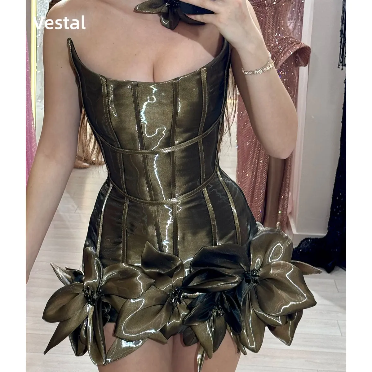 Vestido Corto Vestal Brillante con Corsé, Flores Hechas a Mano en 3D, Vestido de Cóctel para Mujer, Vestido de Fiesta Corto Personalizado