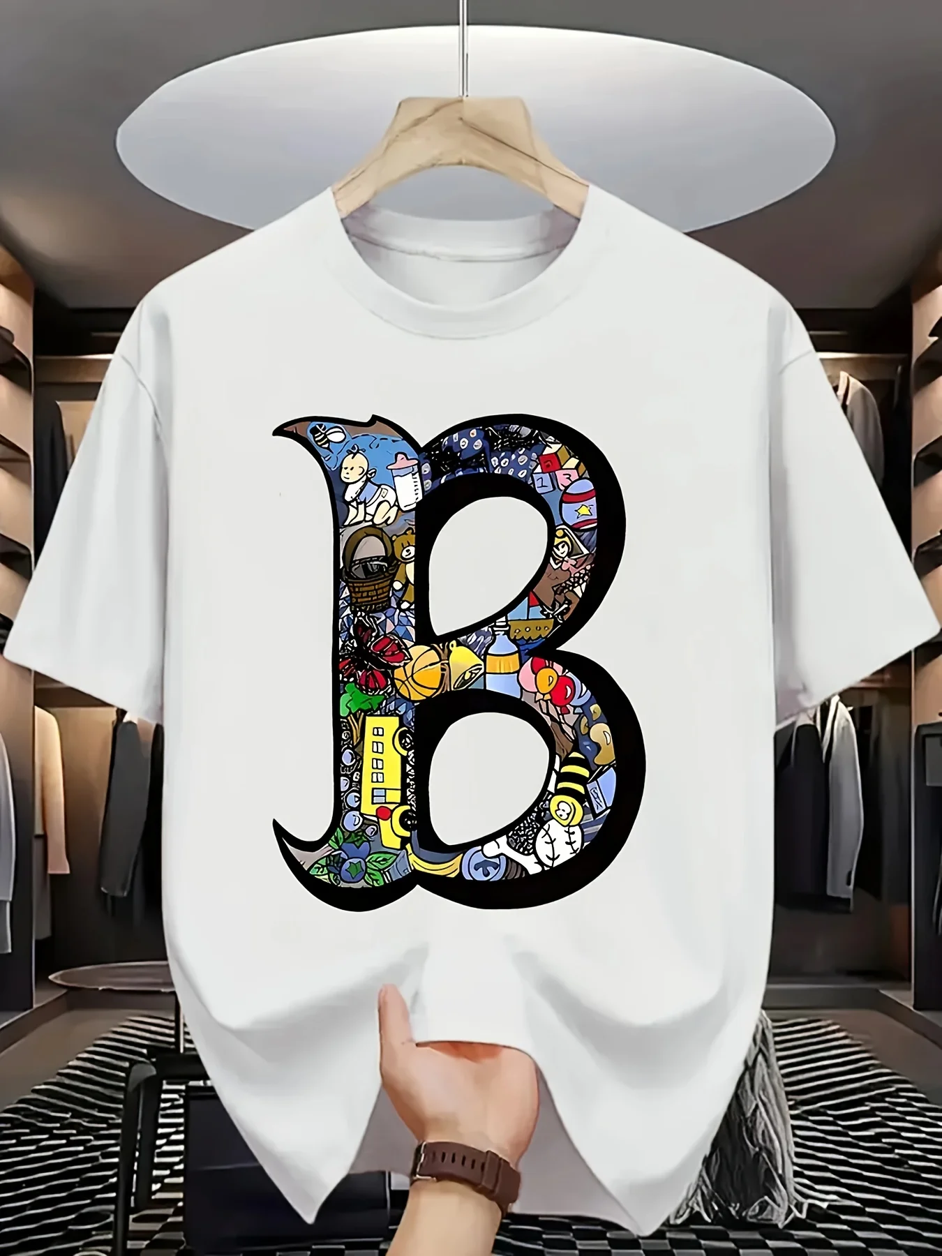 

Men's casual printed T-shirt Black short sleeved round neck with cartoon design suitable for outdoor activities