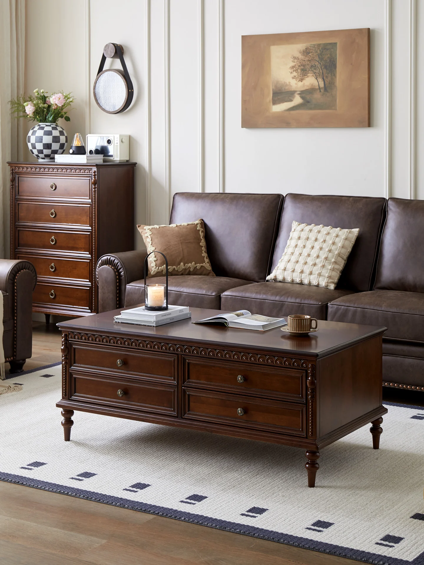 Table basse en bois massif pur, salon rétro double couche pour usage domestique