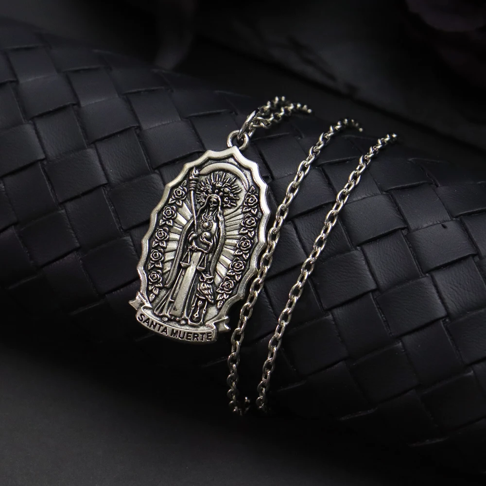 Men Accessories Aesthetic - Santa Muerte hangerketting, gotische doodsheld medaillonketting