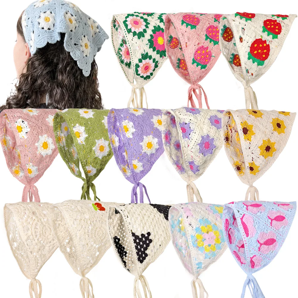 

1 pcs women's hair scarf fashionable sweet rustic style knitted flower triangular headscarf cute kawaii Ladies' hair accessories