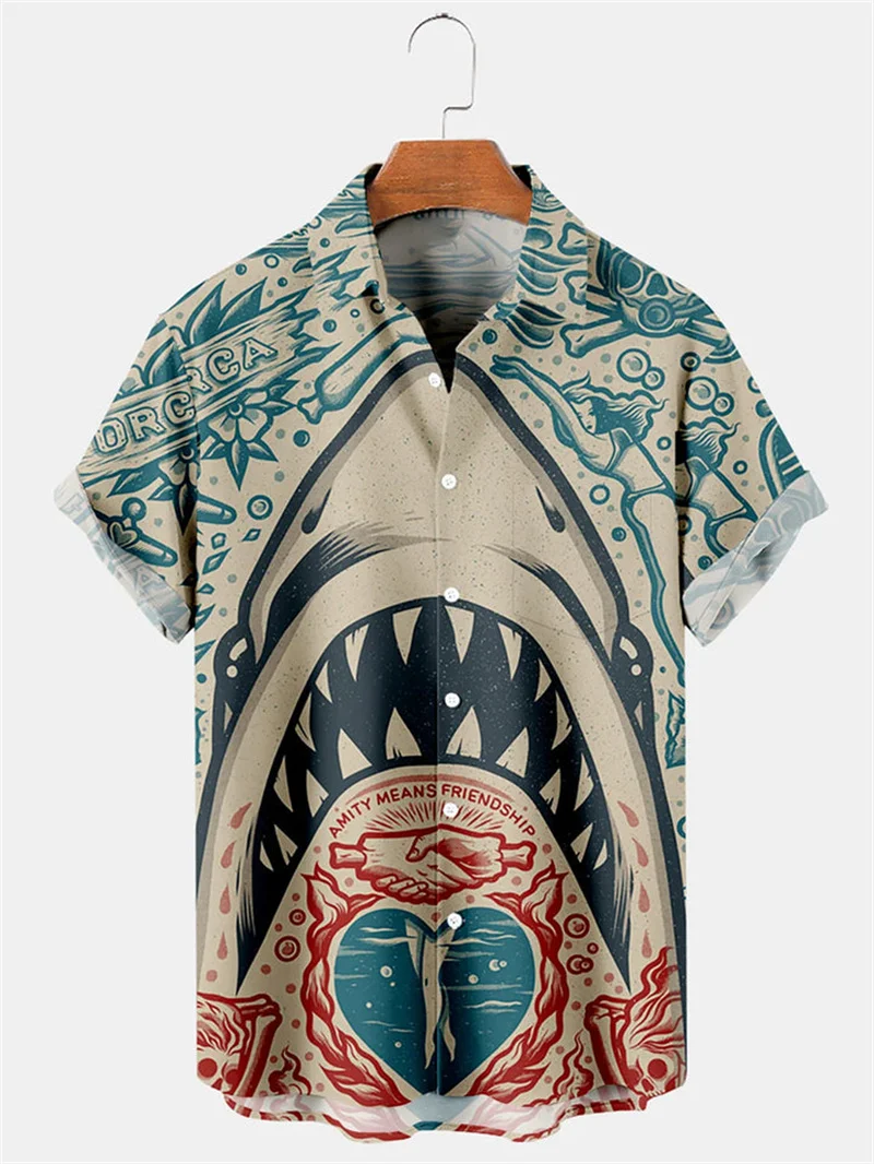 

Large pattern fashionable and caring shark hot selling cartoon fun short sleeved retro shirt art 2024 Hawaiian shirt men's butto