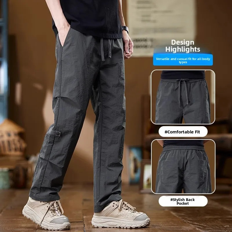 

Мужские повседневные брюки из ледяного шелка, широкие, тонкие, прямого кроя, в стиле рабочей одежды, свободные, летне-осенние, новые, в стиле парашютиста