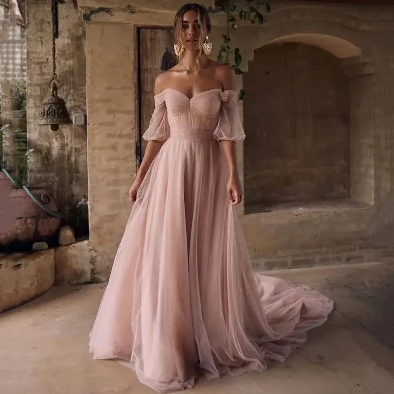 

Pink Prom Dresses Boho Beach Evening Dress Off Shoulder Vintage Cheap Wedding Party Gowns With Short Sleeve Plus Size Vestidos