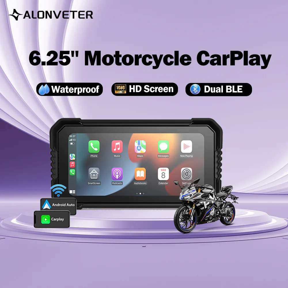 

Alonveter 6.25inch Motorcycle GPS Apple Carplay WiFi MOTO Navigation Waterproof Display Screen Portable Motorcycle Android Auto
