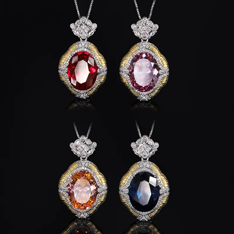 New jewelry with copper base, gold-plated, red corundum and blue spinel, vintage style pendant 15*20
