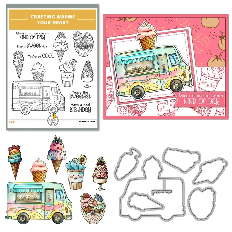 Cooling Summer Ice-cream Car Cutting Dies Clear Stamp DIY Scrapbooking Supplies Metal Dies Silicone Stamps For Cards