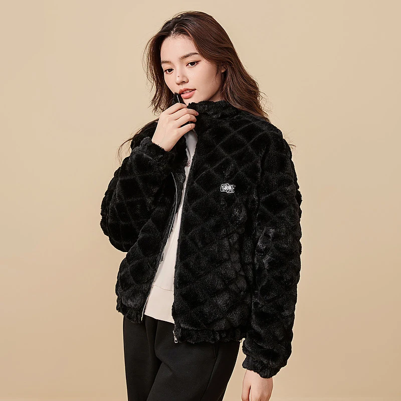 QIAODAN Comfortable Imitation Rabbit Plush Jacket Women's 2024 Winter Warm Casual Trend Stand Collar Sports Jacket XWD42233933