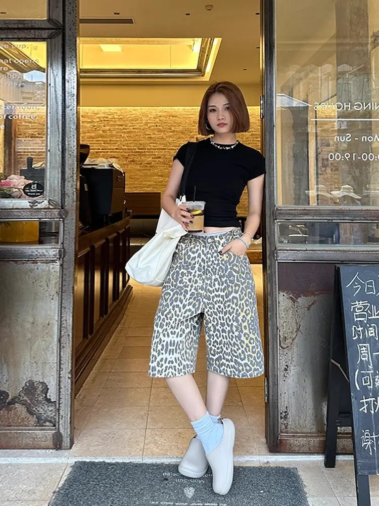 아메리칸 레트로 스트리트 레오파드 프린트 청바지 남성 여름 루즈 스트레이트 레그 와이드 레그 미드 카프 팬츠 캐주얼웨어
