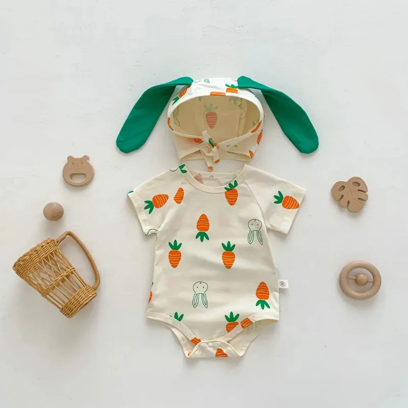 Newborn Clothes Summer Hot Sale Baby Boy's One Piece Clothes Small Fresh Print Cute Girl's Climbing Clothes With Hat