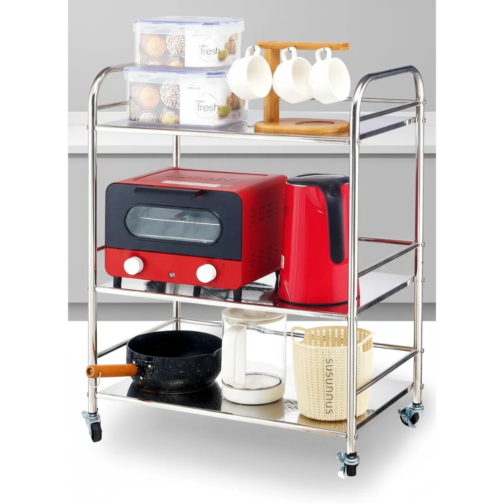 

3-уровневая кухонная тележка из нержавеющей стали с колесами, подвижная универсальная тележка для хранения в салоне домашнего офиса