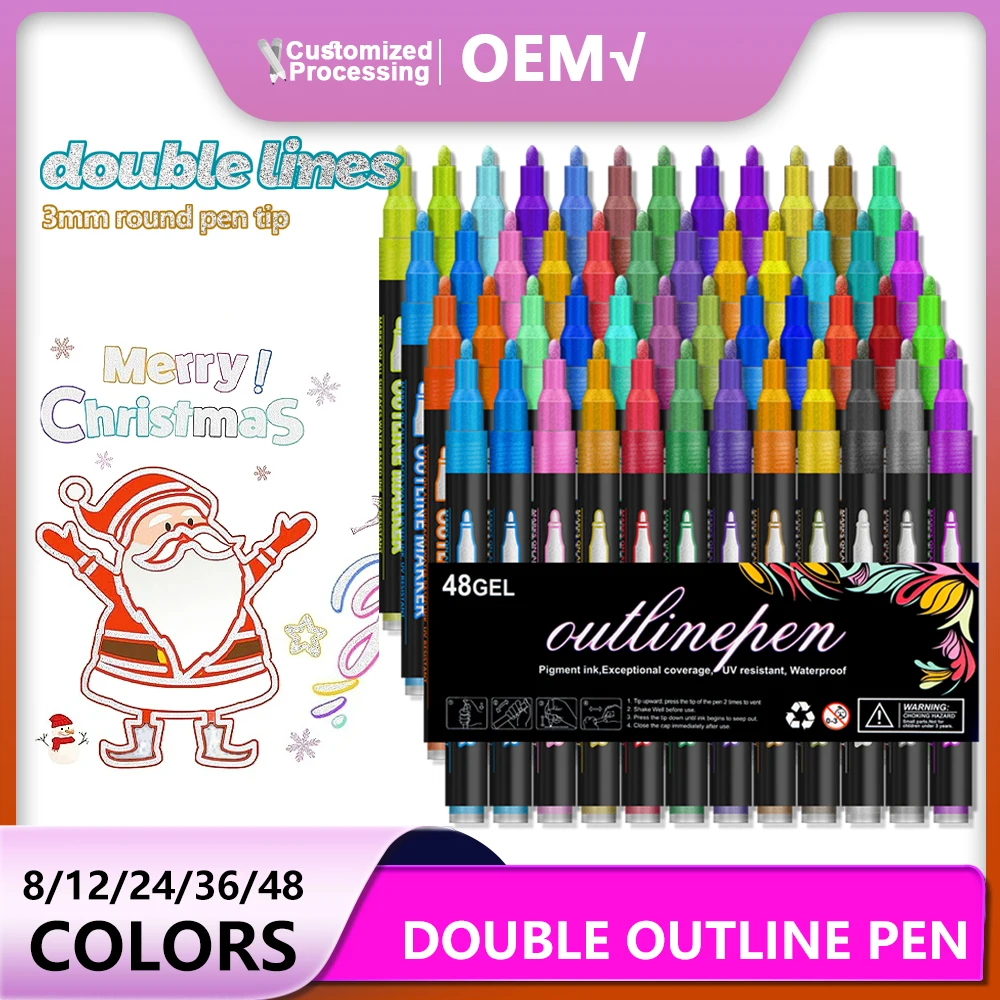 

8/12Color Double line outline pen Christmas card glitter pen Metal color marker DIY handbook fluorescent marker