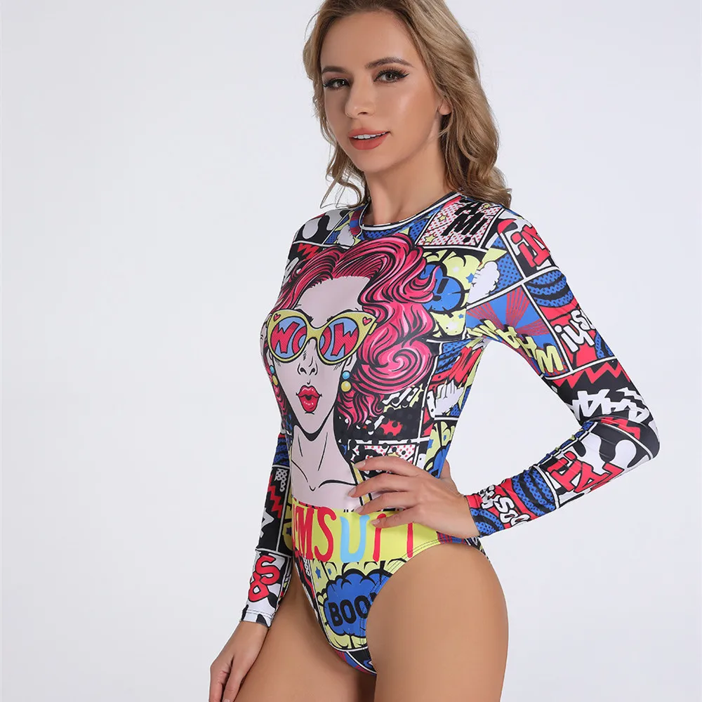 Backless Long Sleeves Swimwear 2023 New Sexy Abstract Print One Piece Swimsuit Bikini Closed Women Surfing Bathing Suit Beach