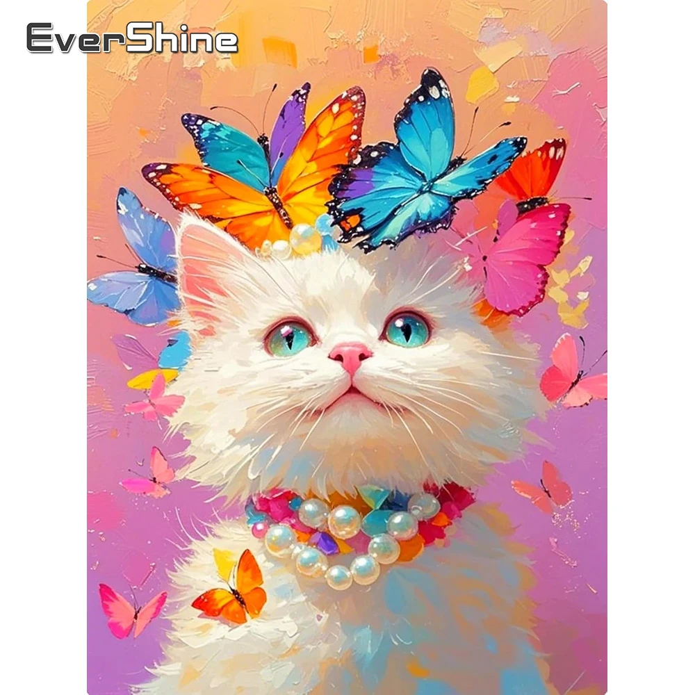 Evershine Diamant-Stickerei, Katze, vollständiges Bohrbild, Tier, Strass, Mosaik, Schmetterling, geeignet für Anfänger, Kindergeschenk