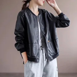 SuperAen 2024 Autumn New O Neck Jacket Zipper Solid Color Casual Loose PU Leather Jacket