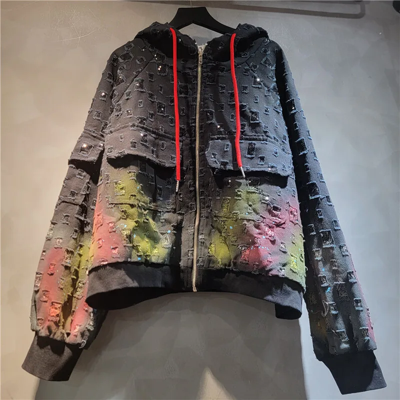 WTHT, nueva moda, chaqueta holgada con capucha con diseño a cuadros y grafiti degradado para mujer, Pantalones rectos con cintura elástica para mujer, invierno 2025 1LS2626