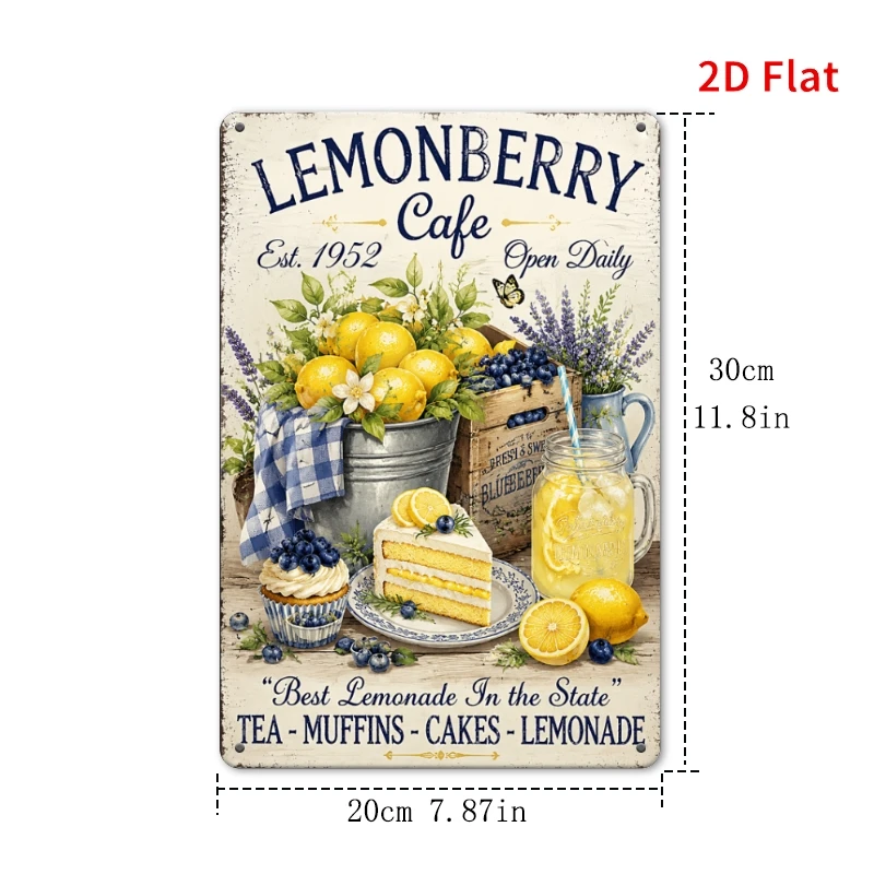 2D Flat, Decorative Sign 2D Flat, [2Dflat], 1pc 30x20cm- Lemonberry Cafe Vintage Sign, Kitchen Wall Decor, Farmhouse Decorati
