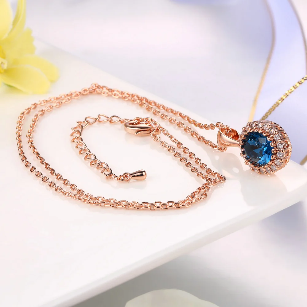 Dainty Blue Red Green Crystal Pendant Necklace for Women Ladies Vintage Rose Gold Color Chain Choker on Neck Wedding Jewelry