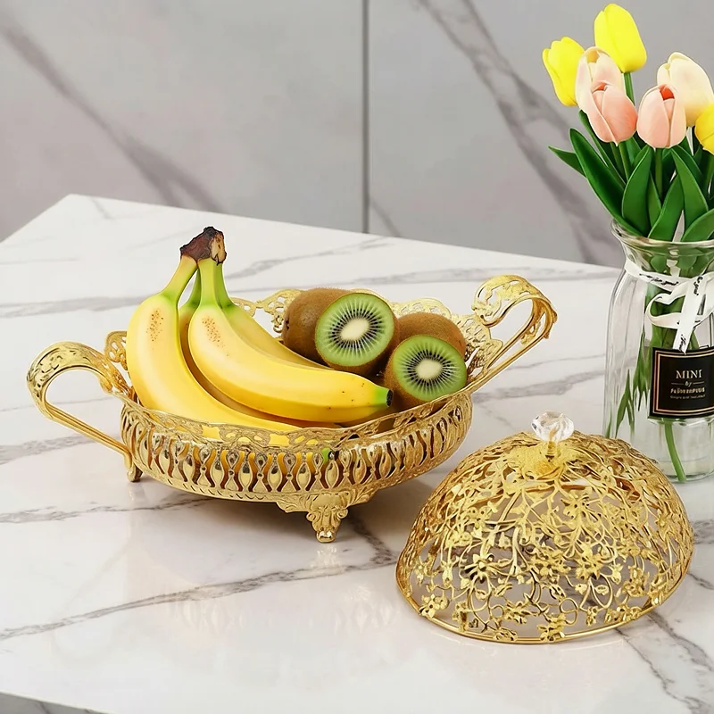 Golden Metal Hollow-Out Lid Fruit Tray with Double Handles, Suitable for Storing Snacks and Candies, for Weddings, Banquets, Family Gatherings, and Home Decoration