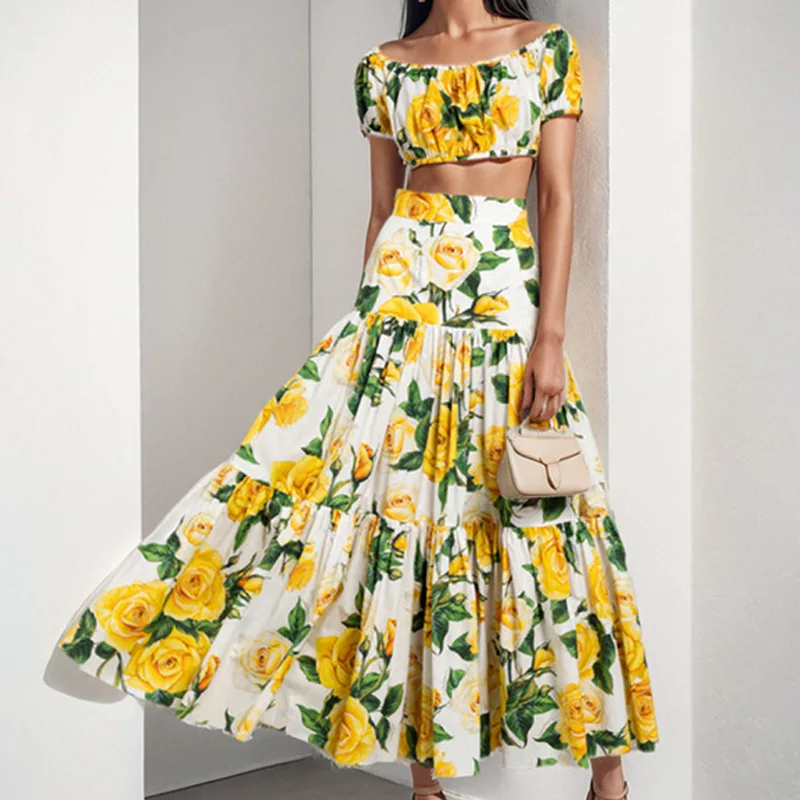 

New Fashion 2024 Women's Skirt Set Summer Casual Simple Commuting Style One Shoulder Bubble Sleeves Print Two Piece Set 2025