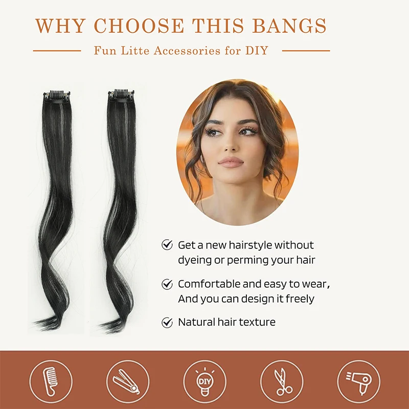 Long Side Air Bangs 14inch Long Wavy Curly Clip in Bangs Front Side Bangs for Women Daily Use 2 PCS Synthetic Long Temples Bangs image 4