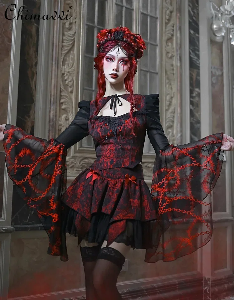 

Original Gothic Halloween Red and Black Relief Jacquard Embroidery Strap Lace Shirt Top Autumn New Punk Dark Girl Slim Blouse