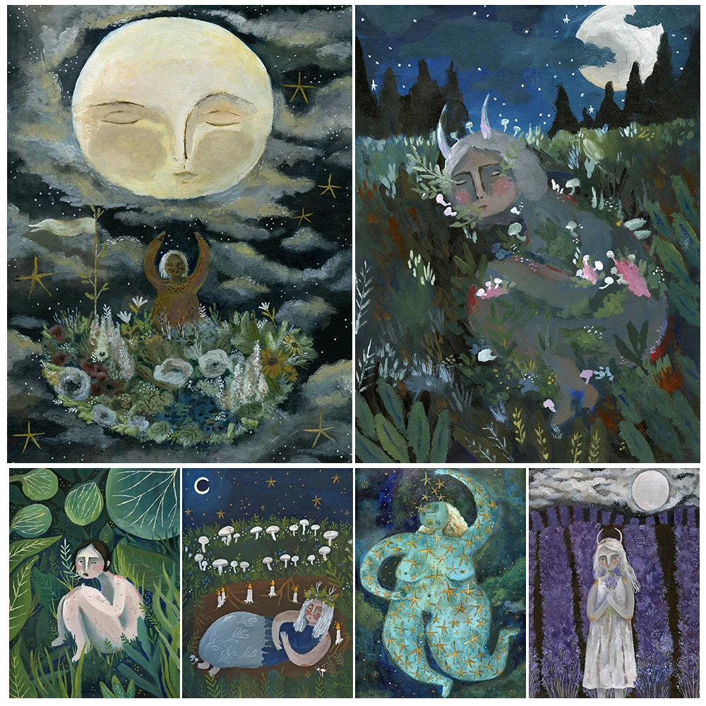 Faerie Circle,Luna,Moon Moth Spell Vintage Wall Art Canvas Painting E Print Magic Element Illustration Art Poster Print Unframed