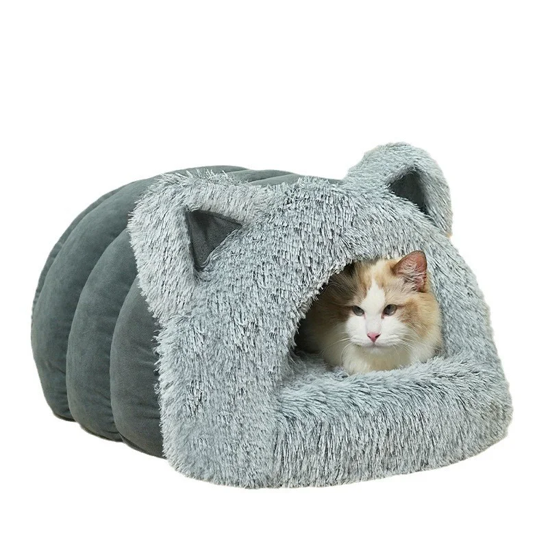 

Round Cat Cushion Semi Enclosed Pet Sleep Bags Long Soft Plush 2 in 1 Warms Cats Beds Simple Comfort Warm Puppy Sleeping Nest