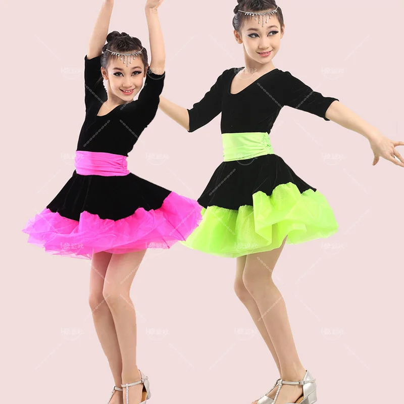 Professional Girl Long Sleeves Latin Dance Dress Children Ballroom Dancing Dress Kids Salsa Rumba Cha Cha Tango Stage Dress Wear