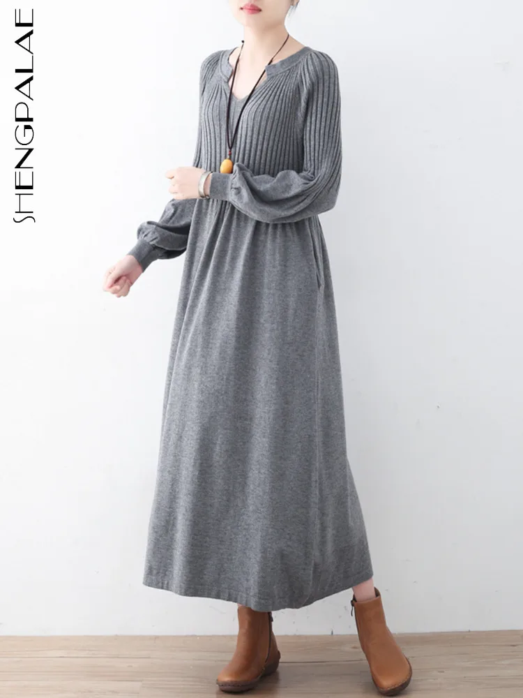 SHENGPALAE Solid Simple Knit Dress Puff Sleeve Fashion V-neck All-match Casual Women Winter Long Dress Robe 2024 Autumn 5C1538