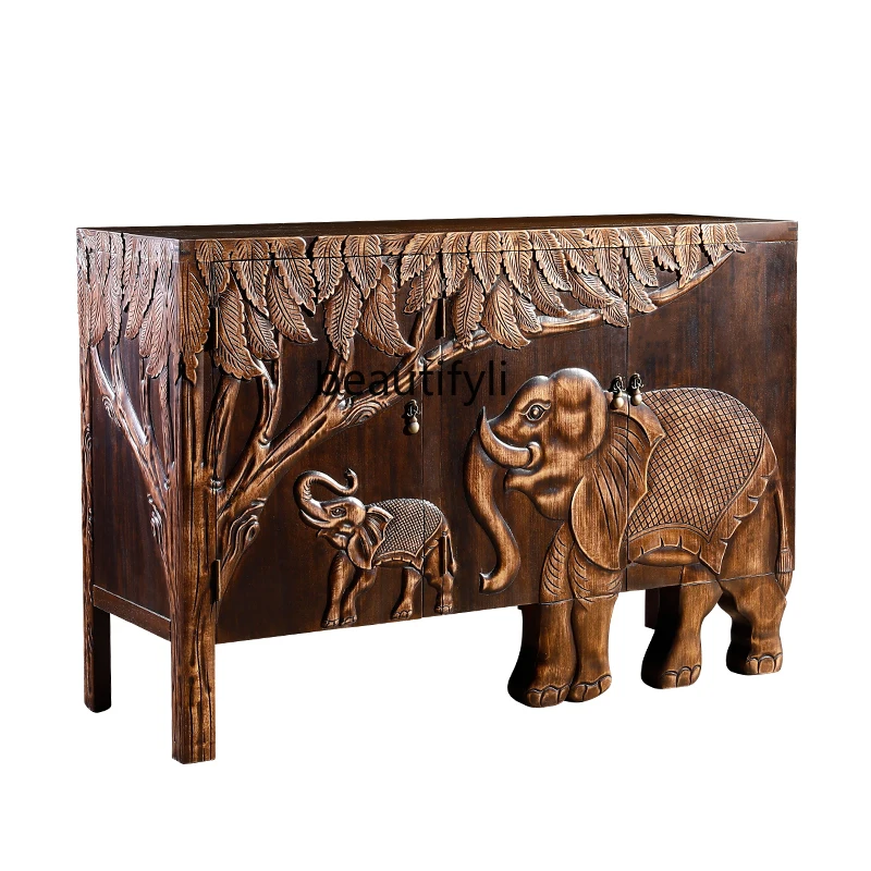 

Retro Solid Wood Embossed Elephant Entrance Cabinet New Chinese Storage Curio Cabinet