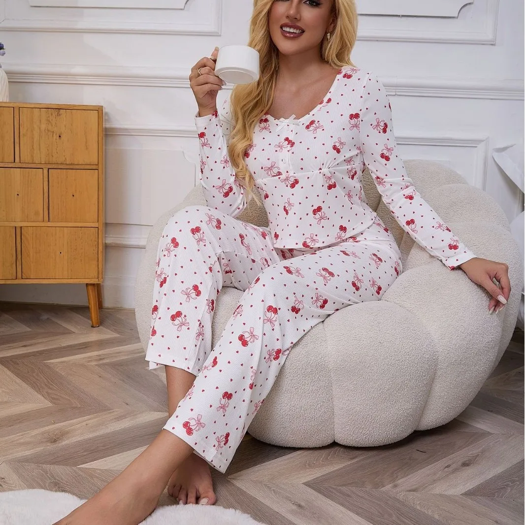

2025 Pajamas 2 Piece Autumn Ensemble Women's Homewear Sexy Casual Fashion Top Pants Bow Heart Print Sleepwear Sleeping Suit Set
