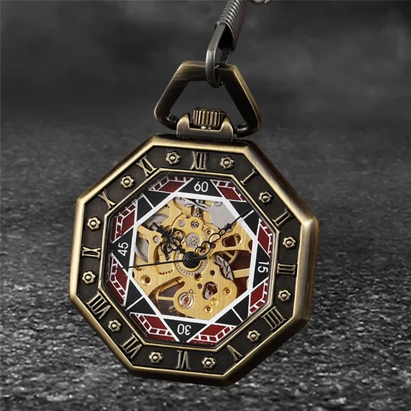 Retro Hand-winding Mechanical Pocket Watch for Men Women Octagon Shape Skeleton Clock Pendant FOB Chain Gift
