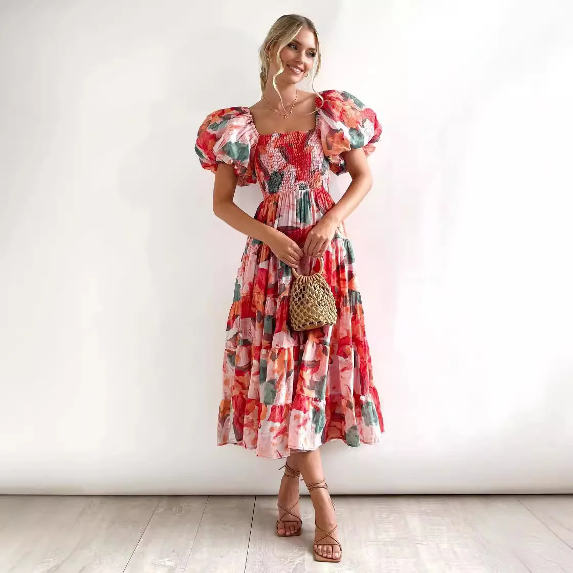 

Summer Fashion Printed Dress Lantern Sleeves High-waisted One-shoulder Ruffle Dress Elegant Floral Printed Dresses