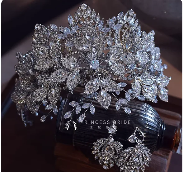 Heavy handmade zircon Super Flash Double Bridal Crown Suit luxury main wedding dress with makeup headdress