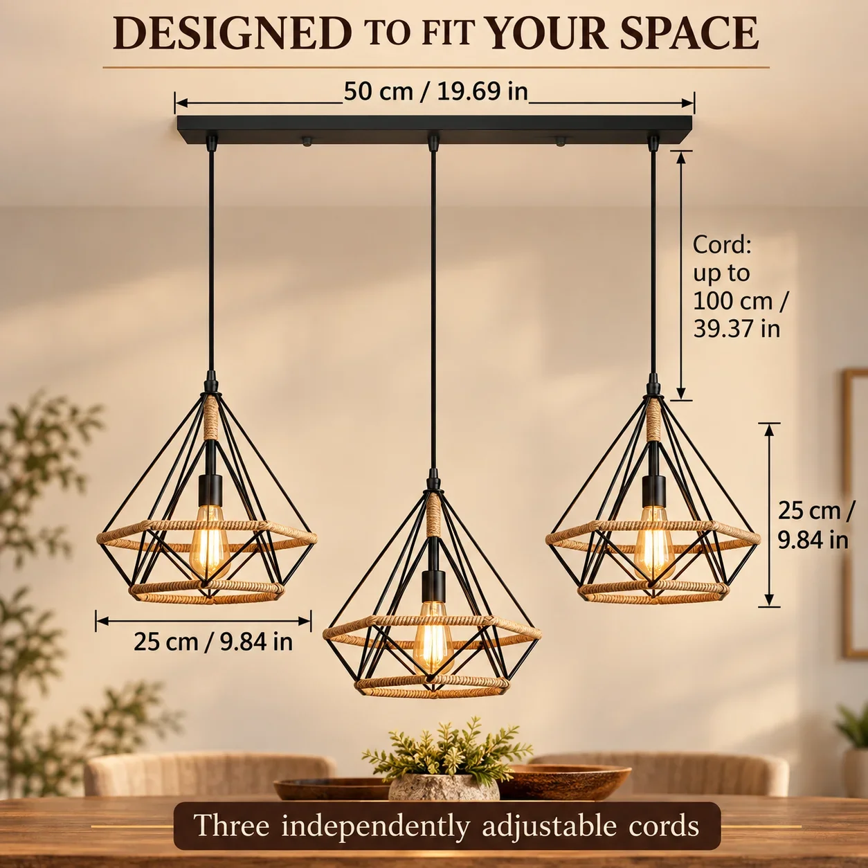Industrial 3-Light Linear Pendant Chandelier E27 Adjustable Hanging Light Fixture Ceiling Lamp for Bar Cafe Kitchen Island