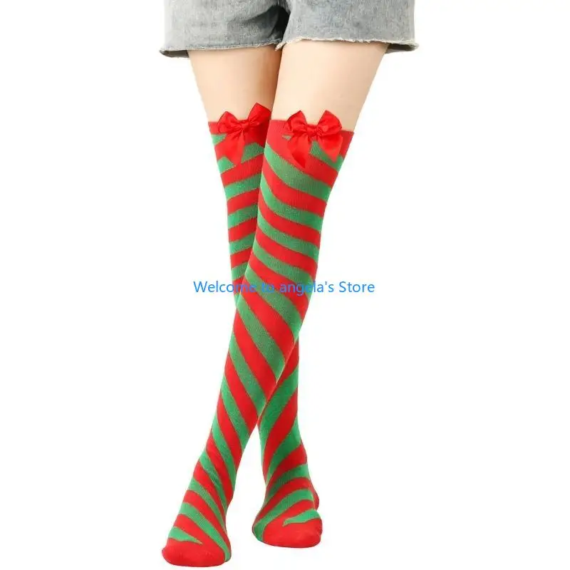 X4YC 女性カラフルなストライプオーバーニーロングソックス毛皮のようなトップ腿の高ストッキングクリスマスコスプレ衣装アクセサリー