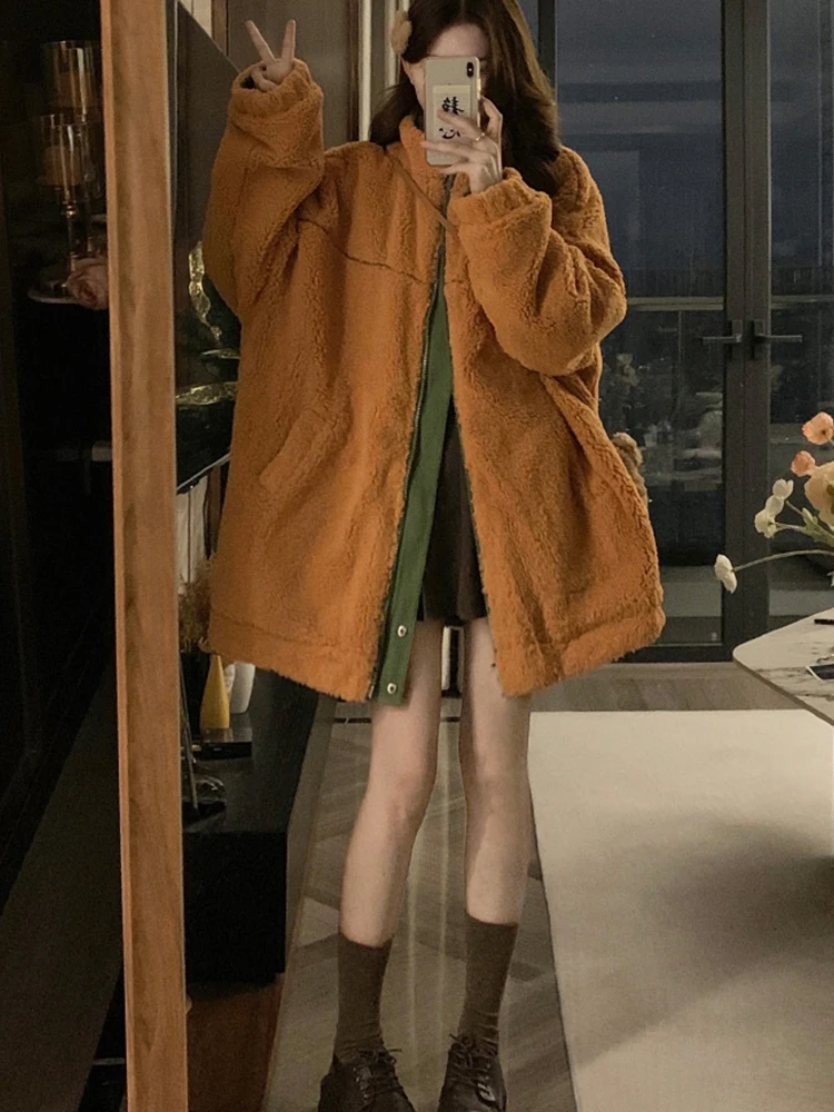 

Утепленная двусторонняя куртка-жакет в корейском стиле для женщин больших размеров, свободного кроя, с флисовой подкладкой, повседневная, с длинными рукавами