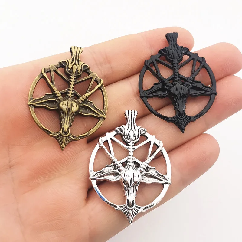 2Pcs 46*34mm Fashion Vintage Pentagram Pan God Skull Goat Head Pendant Charm, DIY Necklace and Earring Jewelry Handicraft Making