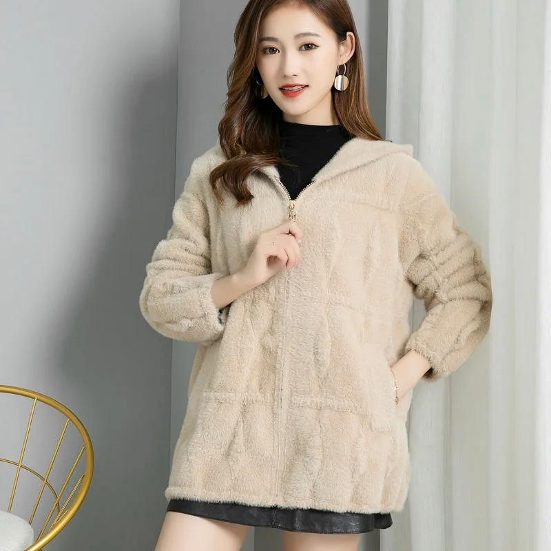 2023 neue Imitation Nerz Fleece Kapuze gestrickt Reiß verschluss Strickjacke Frauen Herbst Winter Mode Pullover Mantel